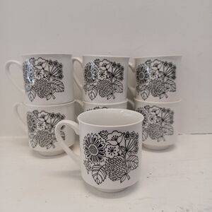Vintage Grindley Manitou Ironstone England Black & White Floral Teacups Set of 7